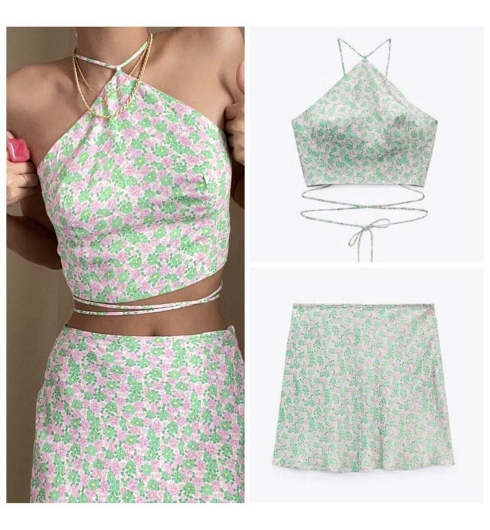 Zara Floral Skirt Top Set 2-Piece Tiny Colorful Outfit, Size Large